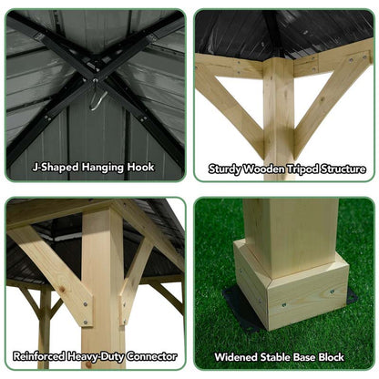 10 x 10 Ft. Outdoor Patio Hardtop Gazebo With Wood Frame And 2-Tier Metal Roof, All-Weather Gazebo Pergolas Shelter