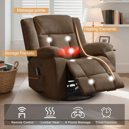 Rocker Recliner, Glider Recliner Chairs For Adults, 360 Degree Swivel Rocking Chair With Massage And Heating