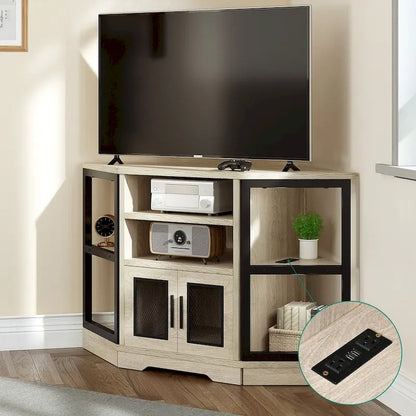 Farmhouse Corner TV Stand Entertainment Center Media Console For TVs Up To 55 With Power Outlet