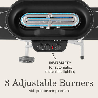 RoadTrip Portable Stand-Up Propane Grill With 3 Adjustable Burners And Instastart Ignition, 20,000 BTUs Of Power For Outdoor Cooking