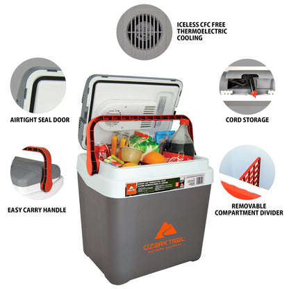 Ozark Trail 26QT Electric Cooler 12V Portable Travel Beach Camping Picnic Insulated Cooler 30 Cans Iceless 24L, Grey