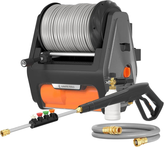 Giraffe Tools Grandfalls Pressure Washer, Max 2900 PSI, 2.2 Gpm Electric Wall Mounted Power Washer With 100 Ft. Retractable Hose, Foam Cannon