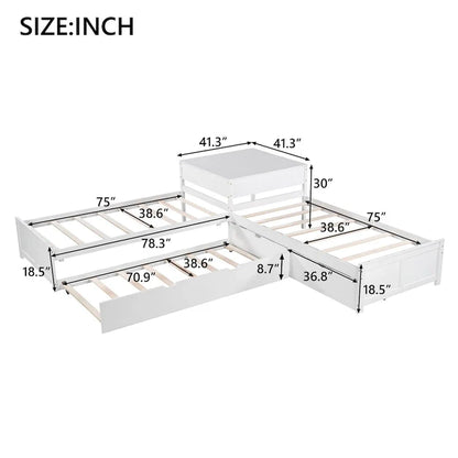 White Modern Twin Size L-Shaped Platform Bed With Trundle And Drawers For Bedroom