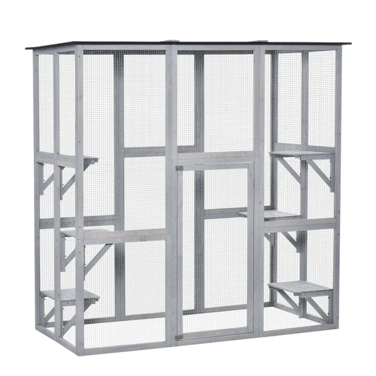 PawHut Wooden Catio Enclosure With Weather Protection, 6 Platforms, Outdoor, Large, 71 In. x 38.5 In. x 71 In