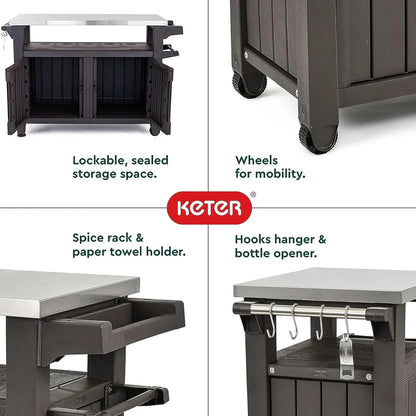 Keter Outdoor Rolling Table Cart For Food Prep, Storage, Bar And Grill, Dark Brown