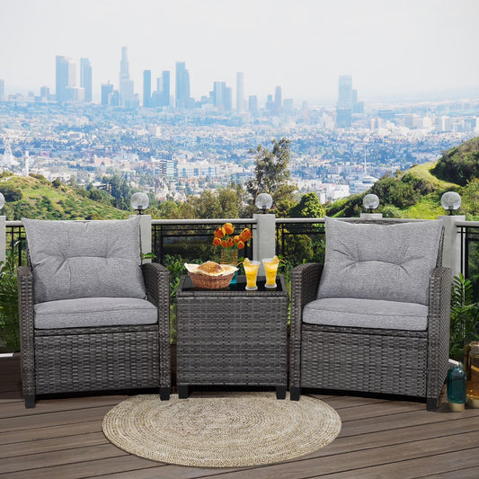Gymax 3PCS Patio Rattan Sofa Set Outdoor Wicker Conversation Set Glass Tabletop w/Grey Cushion