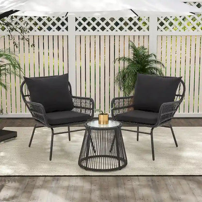 3-Piece Patio Conversation Bistro Set, Outdoor Rattan Furniture Set With Glass Table And 2 Wide Armchairs, Seat Cushions
