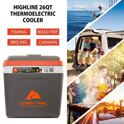 Ozark Trail 26QT Electric Cooler 12V Portable Travel Beach Camping Picnic Insulated Cooler 30 Cans Iceless 24L, Grey