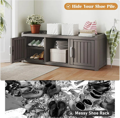 Kamaboko Outdoor Shoe Storage Cabinet, Waterproof UV-Resistant Entryway Storage Bench Indoor Outdoor With 2 Barn Doors