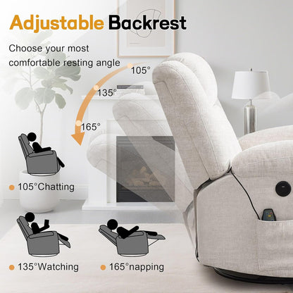 Rocker Recliner, Glider Recliner Chairs For Adults, 360 Degree Swivel Rocking Chair With Massage And Heating