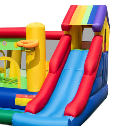 Costway Colorful Rainbow Kids Inflatable Bounce Castle With 50 Ocean Balls And 735W Blower
