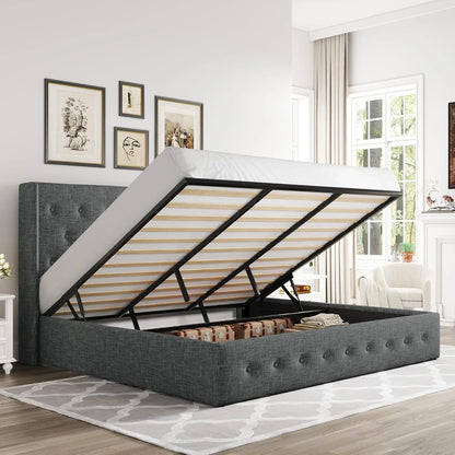Allewie Queen Size Lift Up Storage Bed, Modern Wingback Headboard, Hydraulic Support, No Box Spring Needed, Light Beige