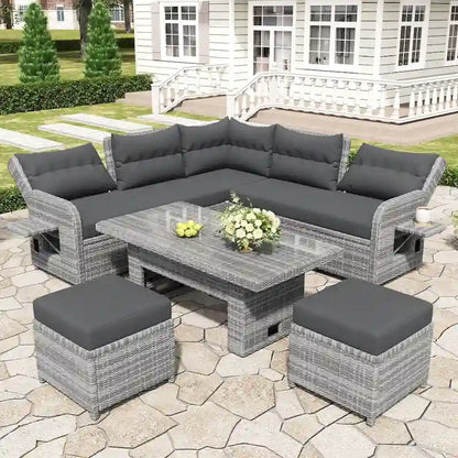 Outdoor Rattan Furniture Set With Adjustable Table, Recliners And 2 Ottomans