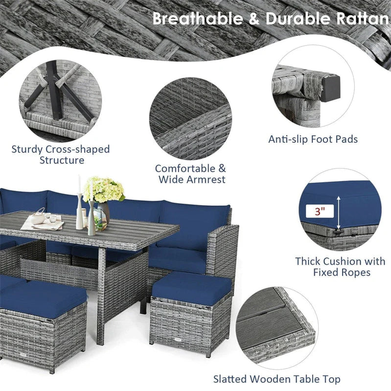 7 Pcs Rattan Patio Dining Furniture Sectional Sofa Set With Dining Table, Ottomans And Cushions