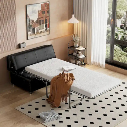 Twin Size Folding Pull Out Ottoman Sleeper Bed With Mattress Convertible Guest Bed, PU Upholstered Sleeper Sofa