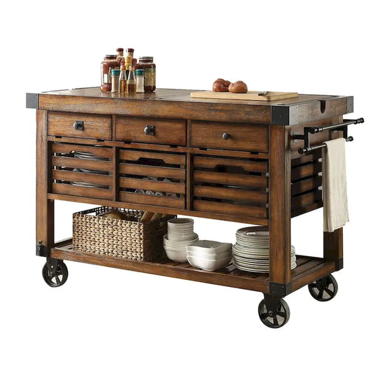 Kitchen Cart With 3 Drawers In Distressed Chestnut